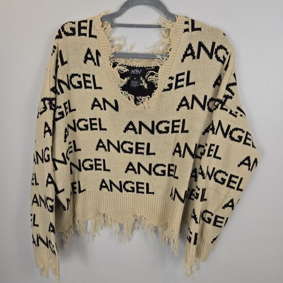 Thrashed Distressed Look Just Polly Sweater ANGEL Tan Black XL Grunge Punk Vneck - Picture 2 of 8